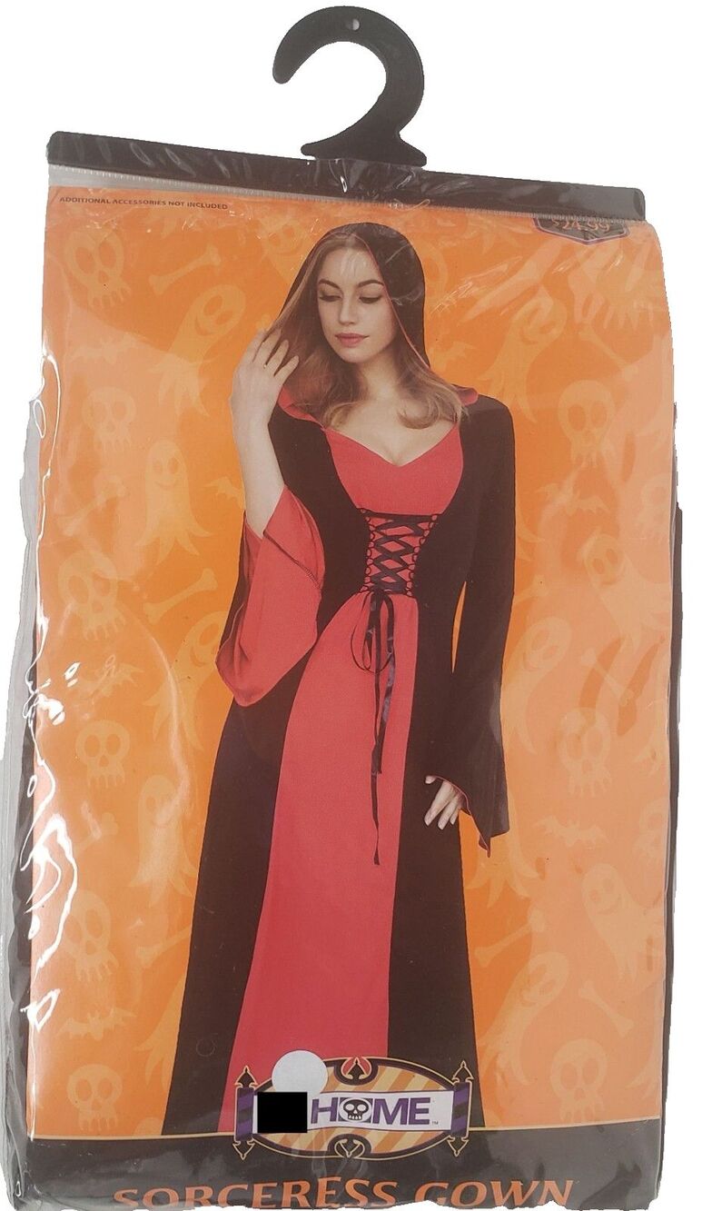 New Adult Women Halloween Costume, Long Sorceress Gown With Hood, Red & Black, M